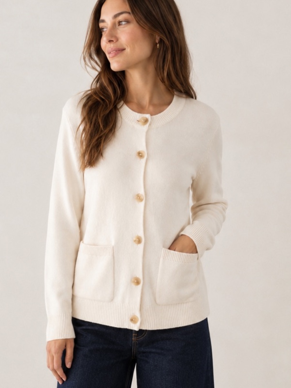 LOFT Cream Cotton Chunky Knit Cardigan L Button Front Patch Pockets Minimalist